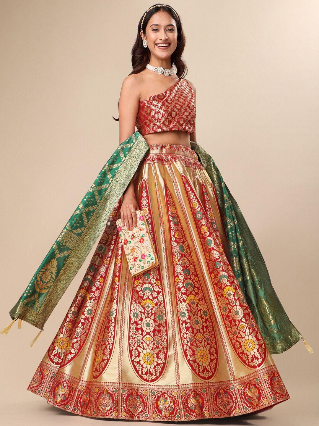 purvaja red & gold-toned ready to wear lehenga & unstitched blouse with dupatta