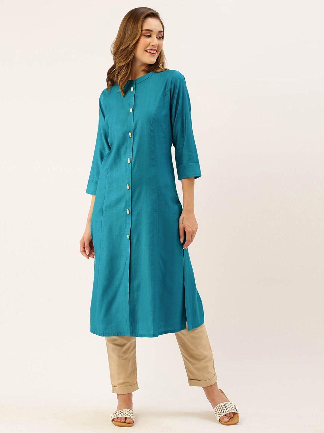 zola teal blue mandarin collar a-line kurta