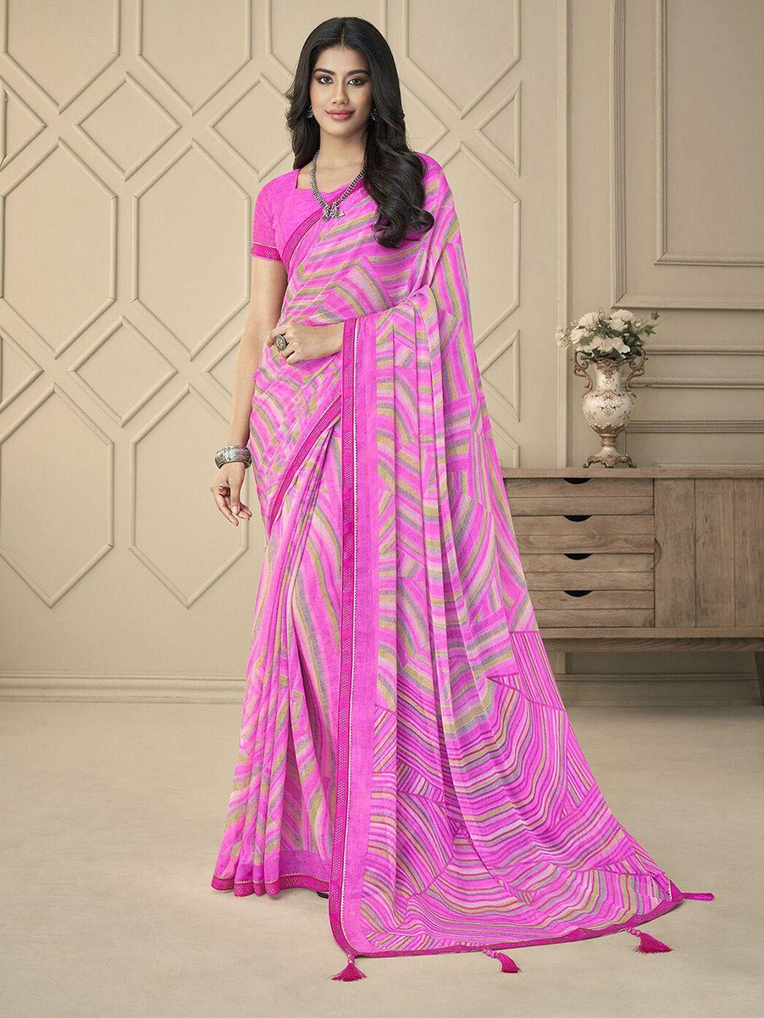 mitera pink & grey striped beads and stones poly chiffon saree