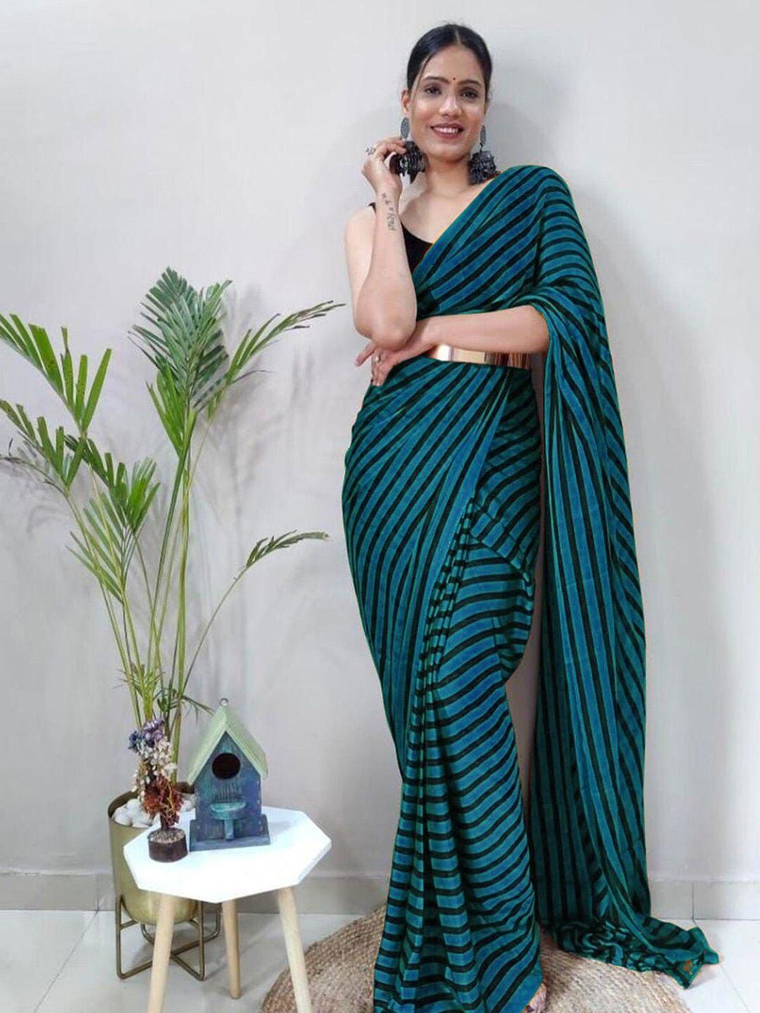 mitera teal & black striped poly georgette saree