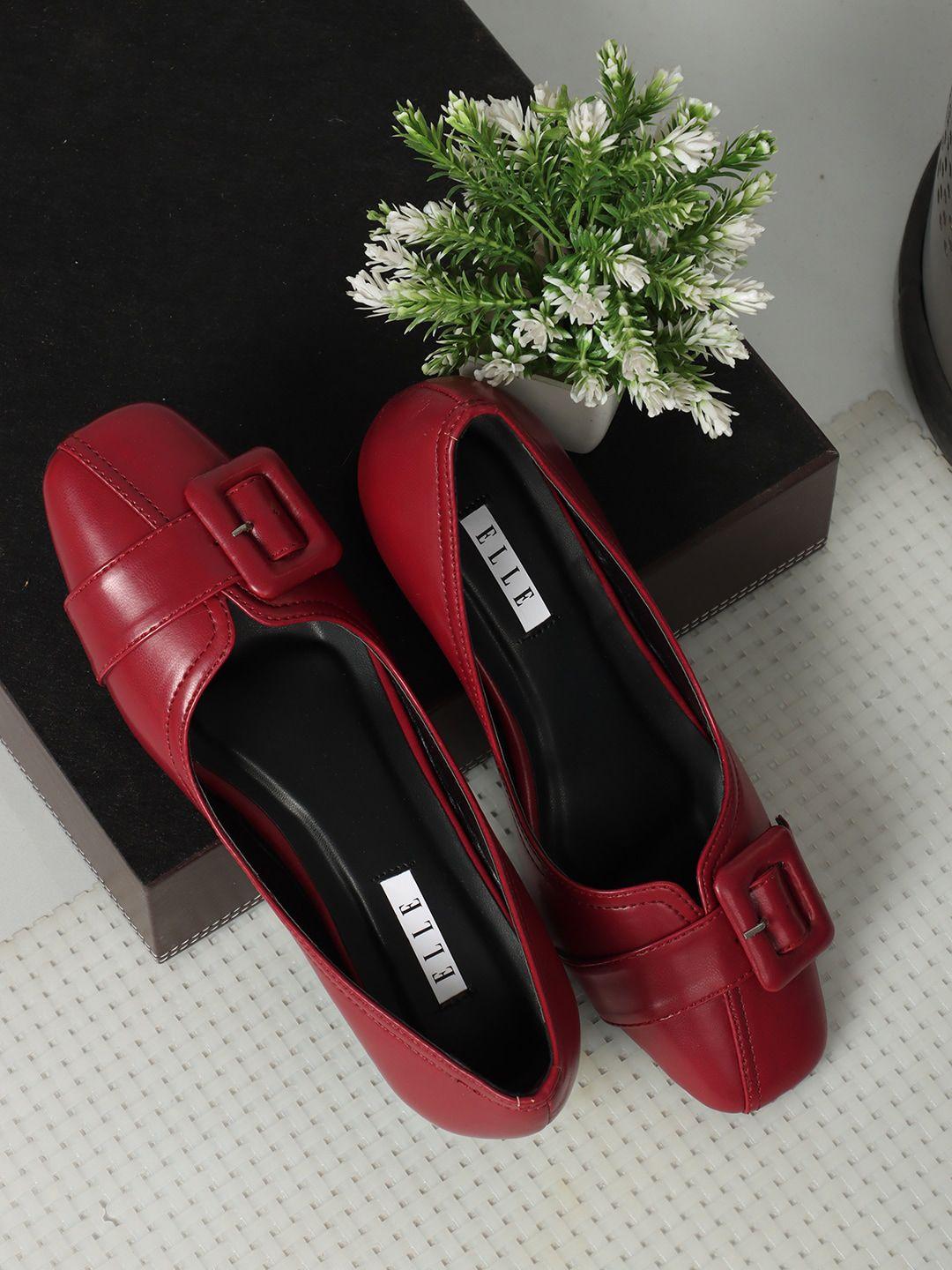 elle red embellished block pumps with buckles