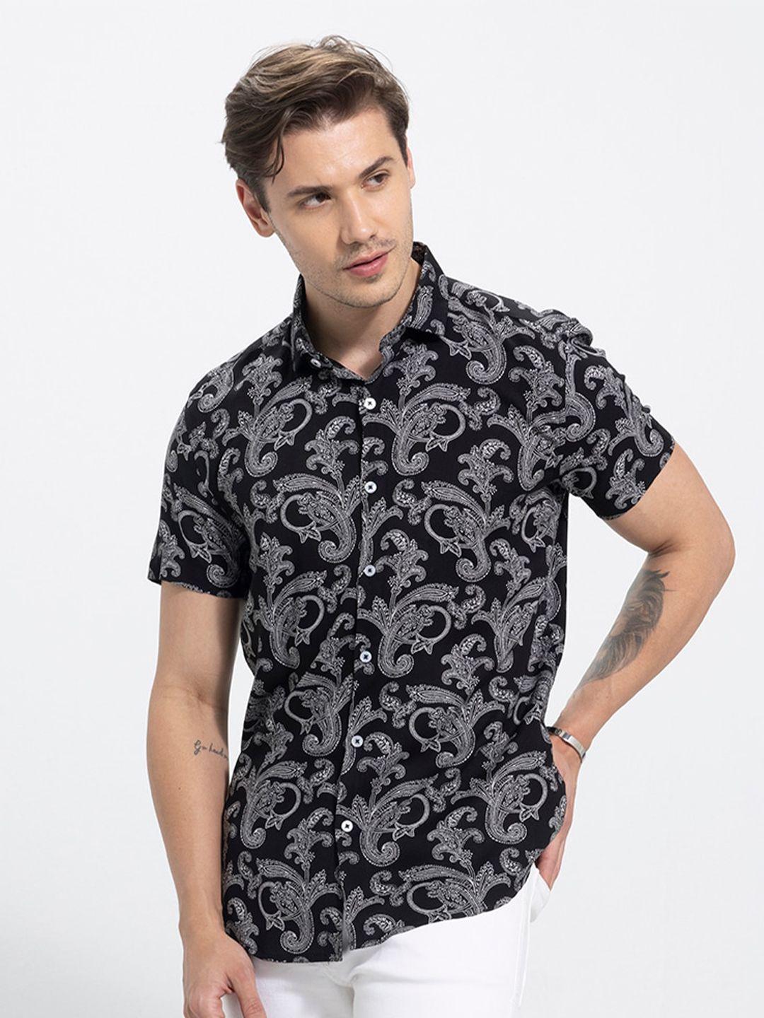 snitch men black classic slim fit floral opaque printed casual shirt