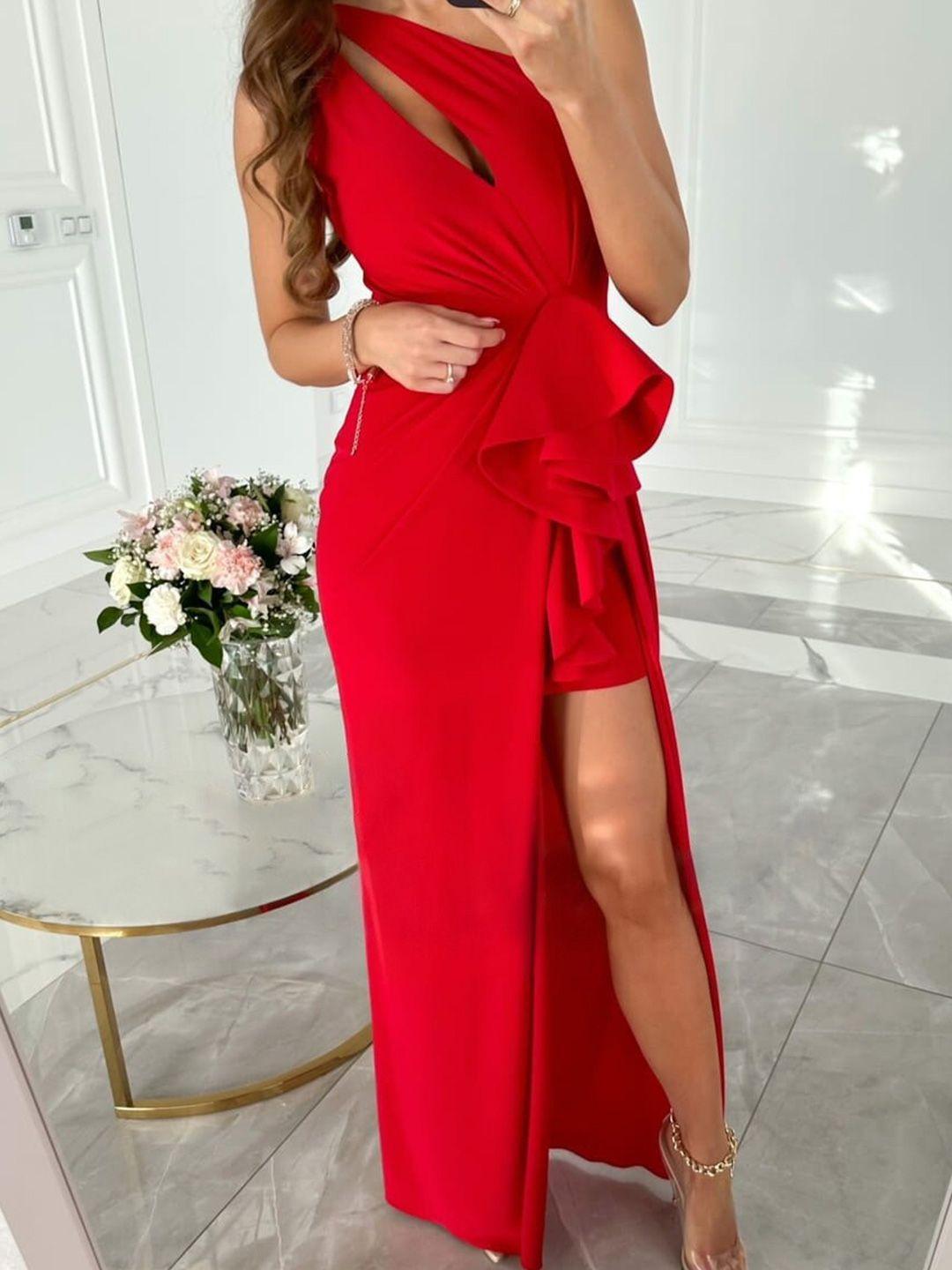 bostreet red one shoulder cut out sheath maxi dress