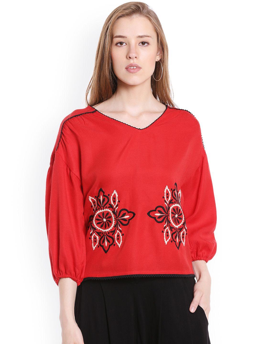 fusion beats women red embroidered top