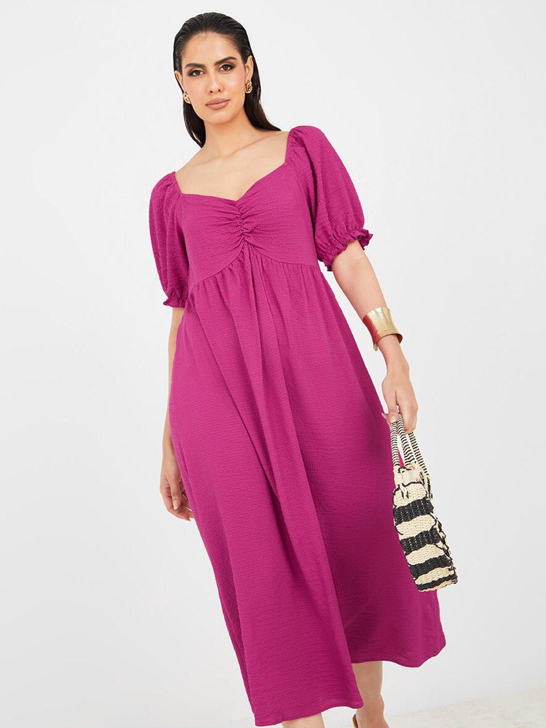 styli magenta puff sleeve fit & flare midi dress