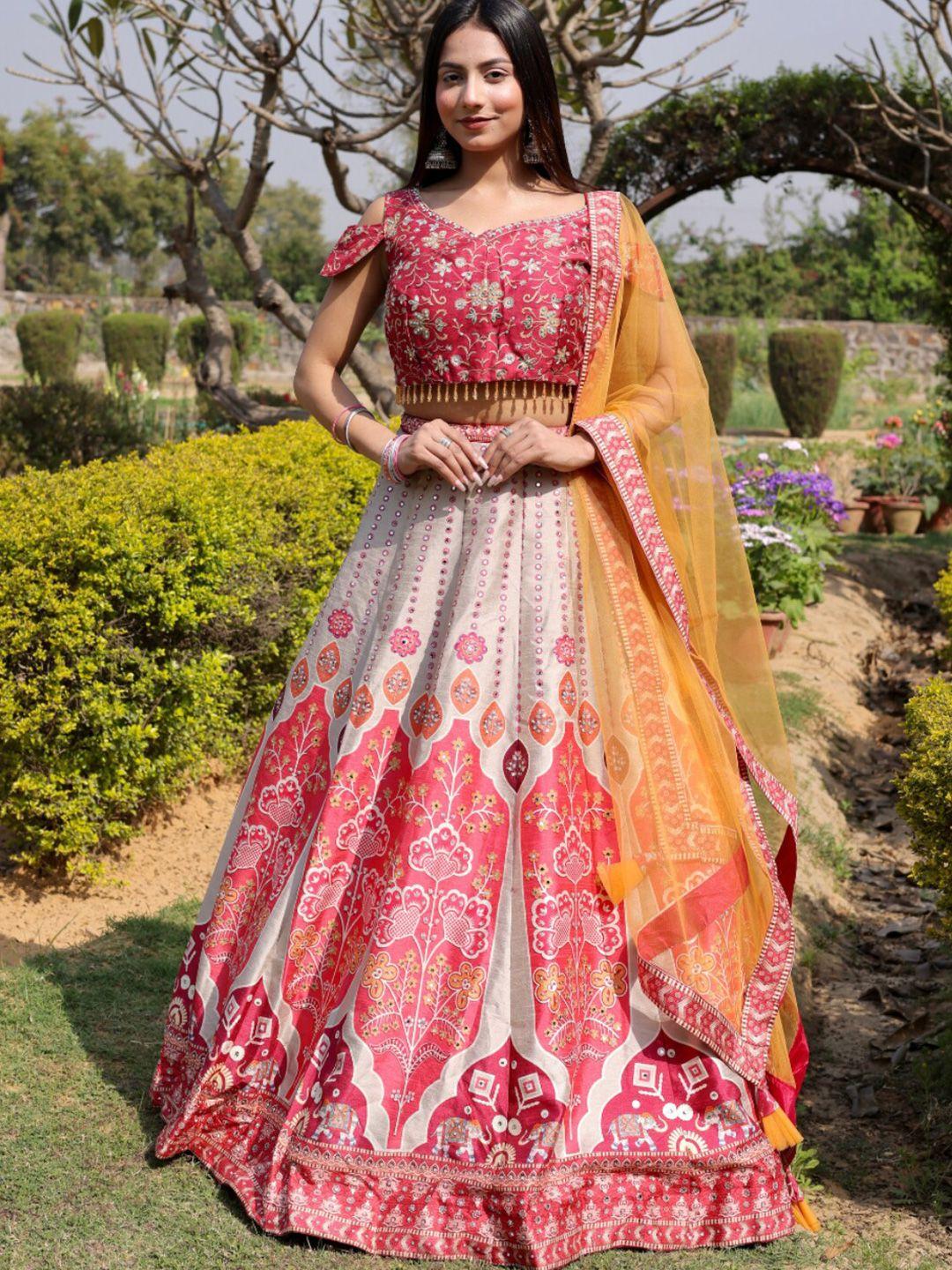 chhabra 555pink & yellow digital printed crop top lehenga set with dupatta