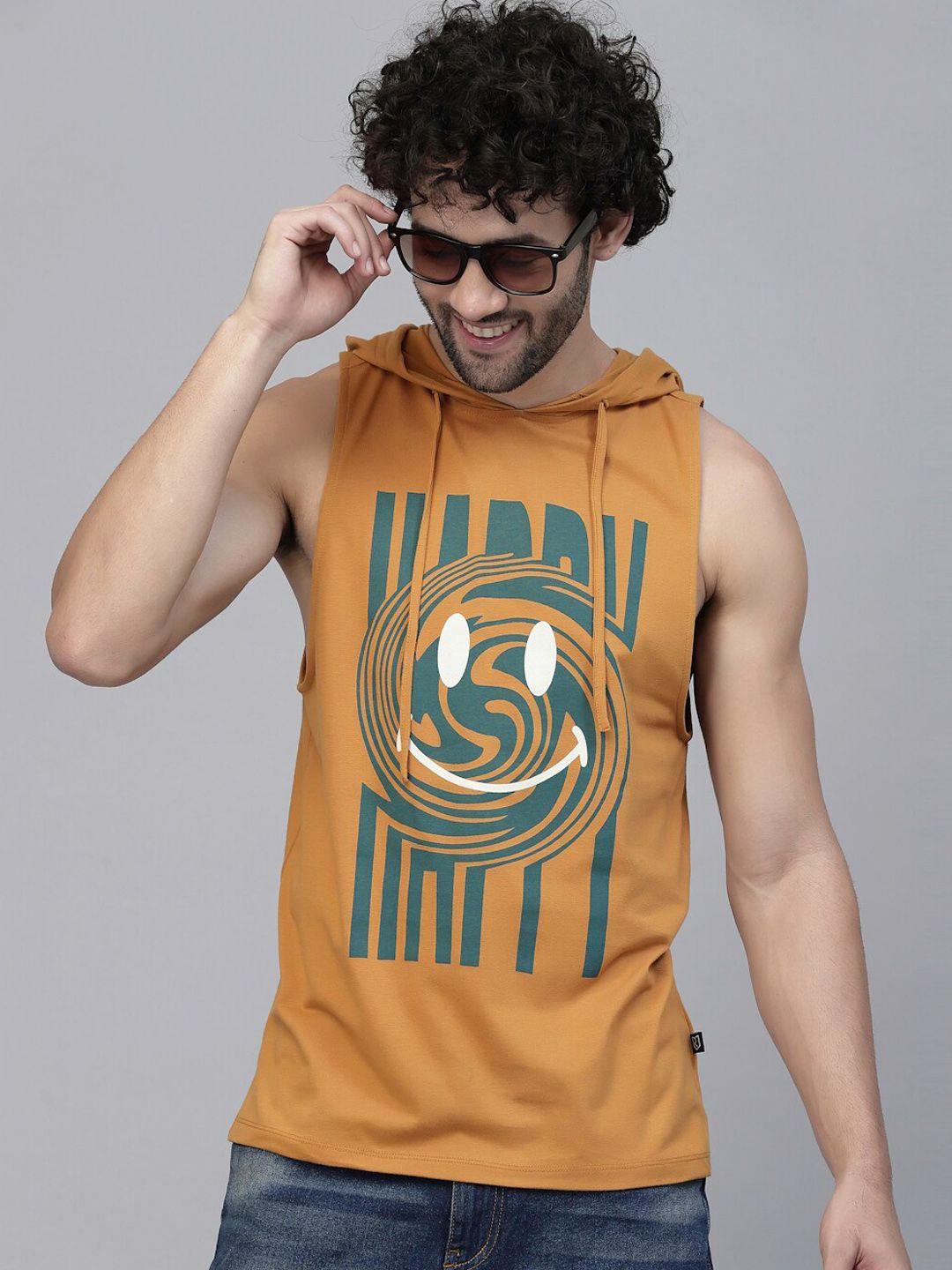 rigo men brown & white printed cotton slim-fit gym vests