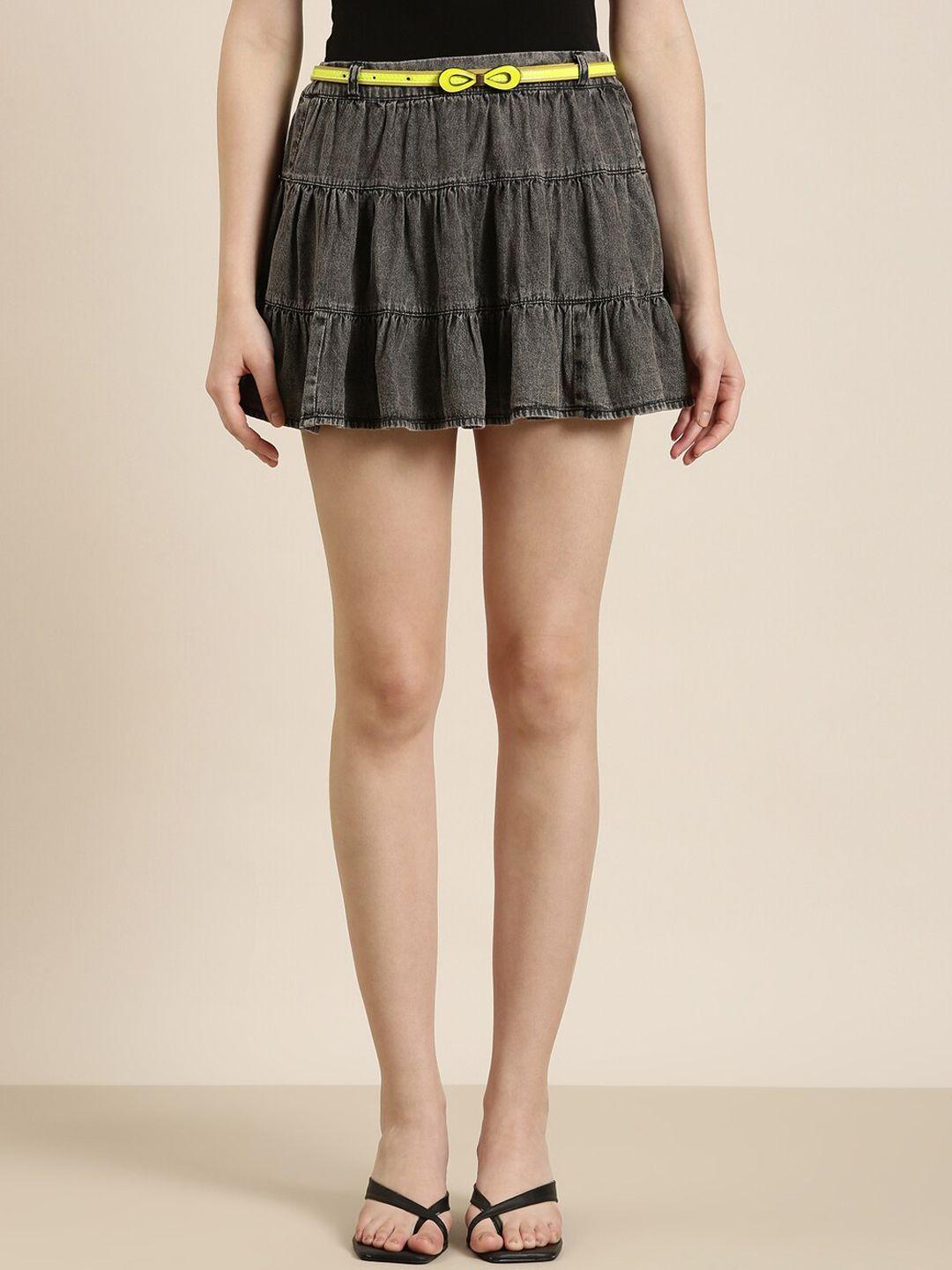 showoff gathred or pleated denim tiered mini skirt