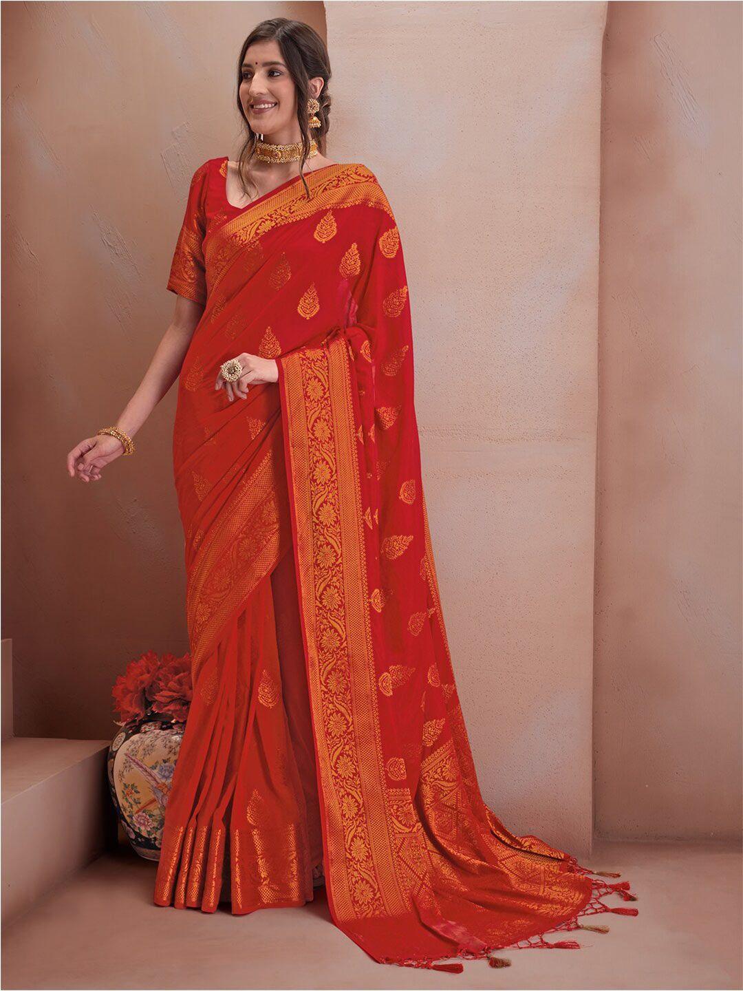 inddus red & gold-toned woven design zari silk blend saree