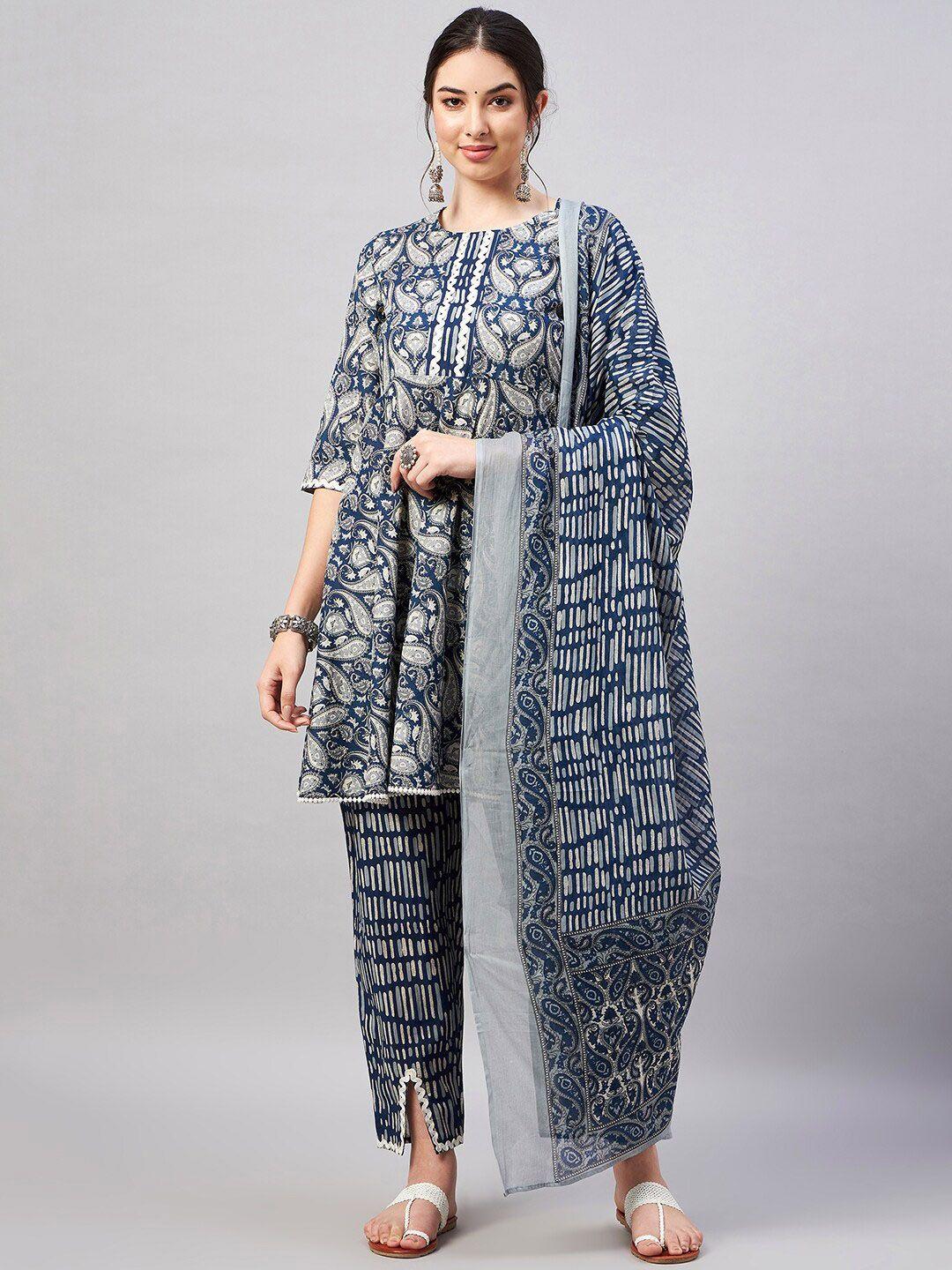 winered women blue paisley printed regular pure cotton kurta with palazzos & with dupatta