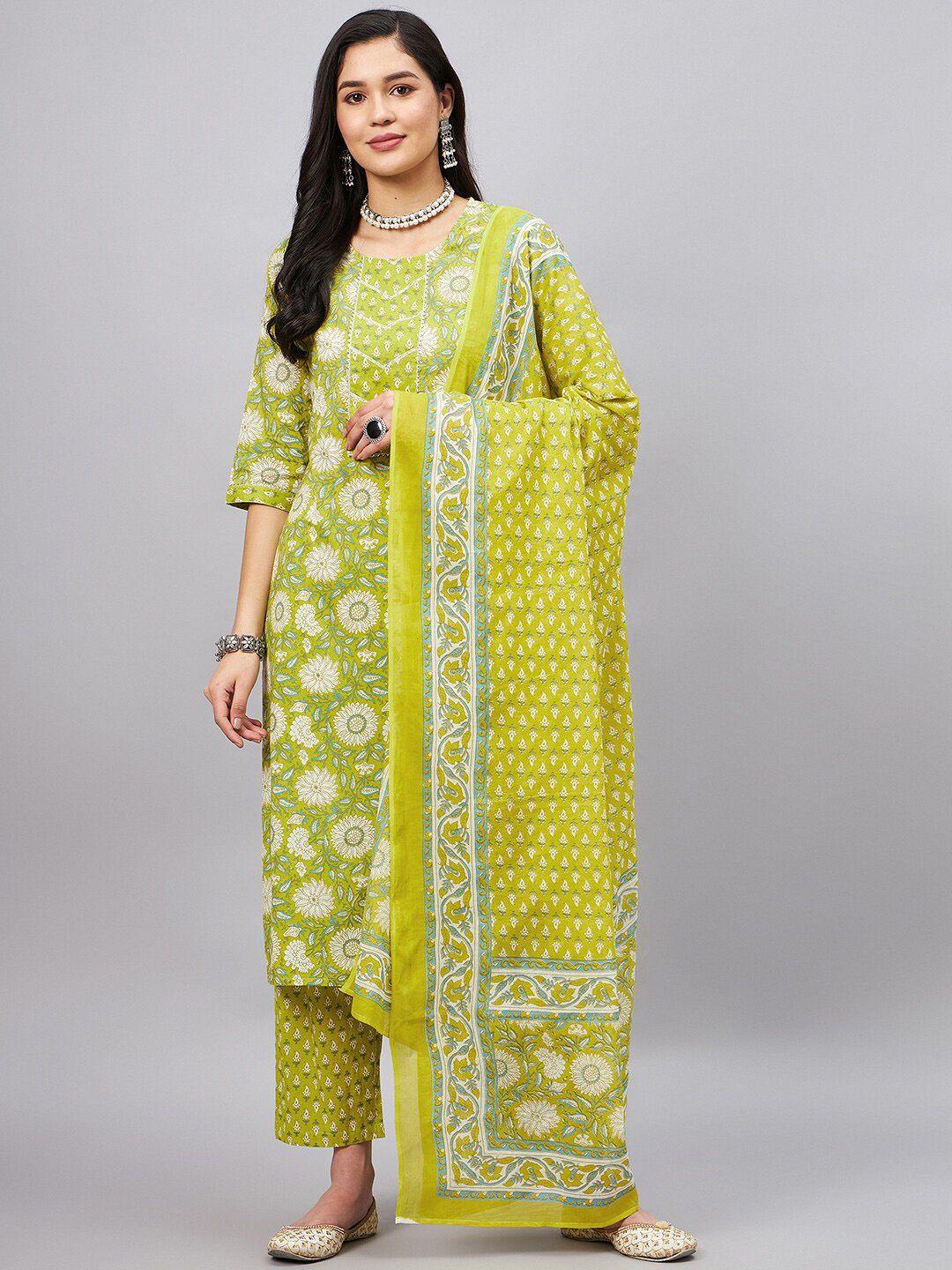 winered women green floral printed regular gotta patti pure cotton kurta with palazzos & with dupatta