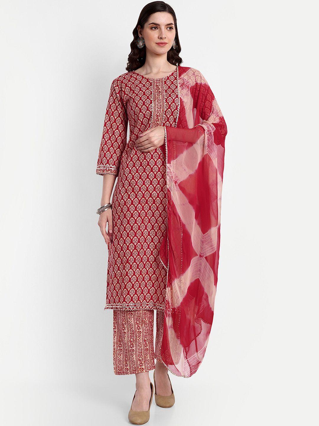 singni women red ethnic motifs printed regular pure cotton kurta with trousers & with dupatta