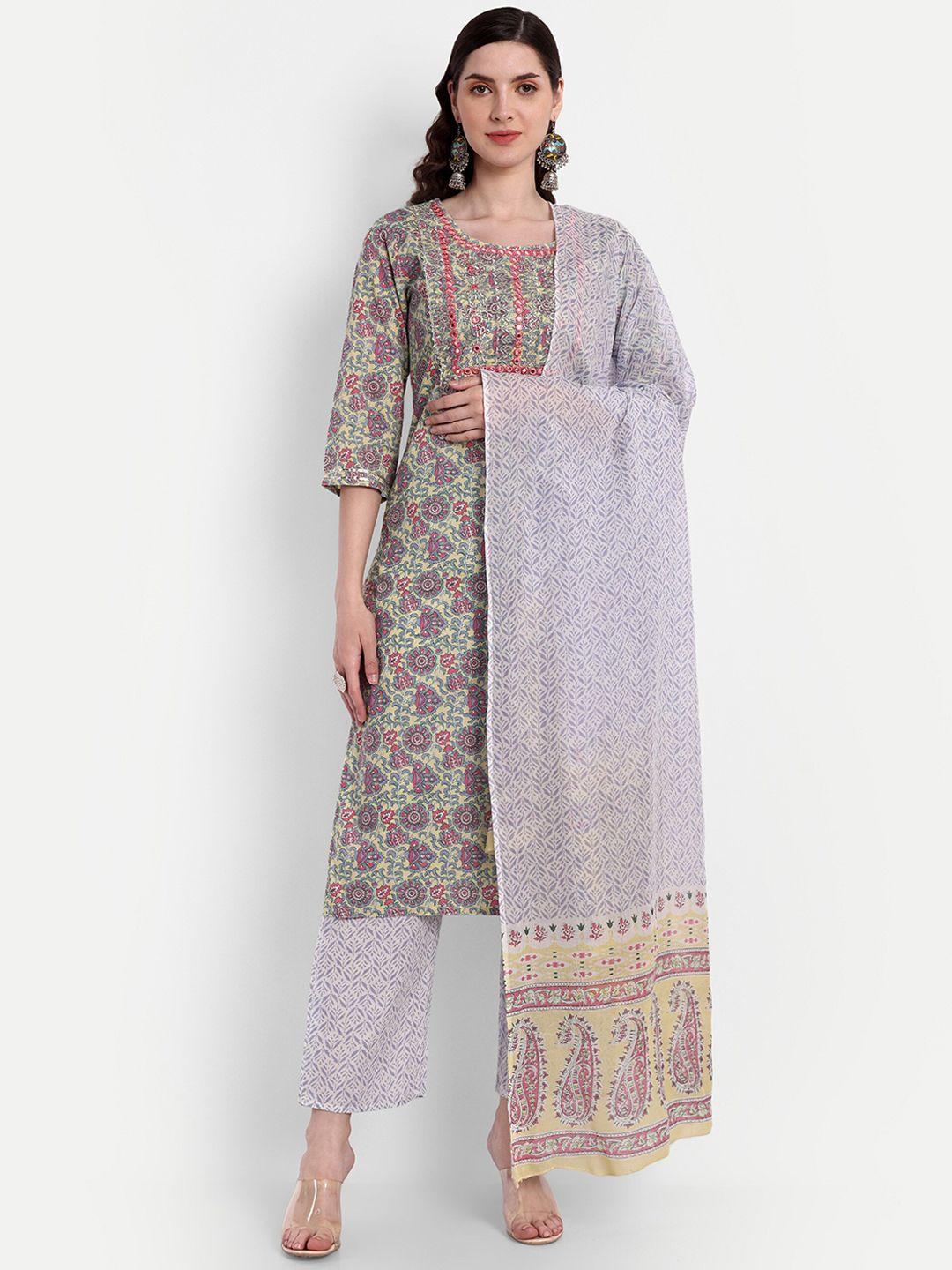 singni women yellow ethnic motifs printed regular pure cotton kurta with trousers & with dupatta