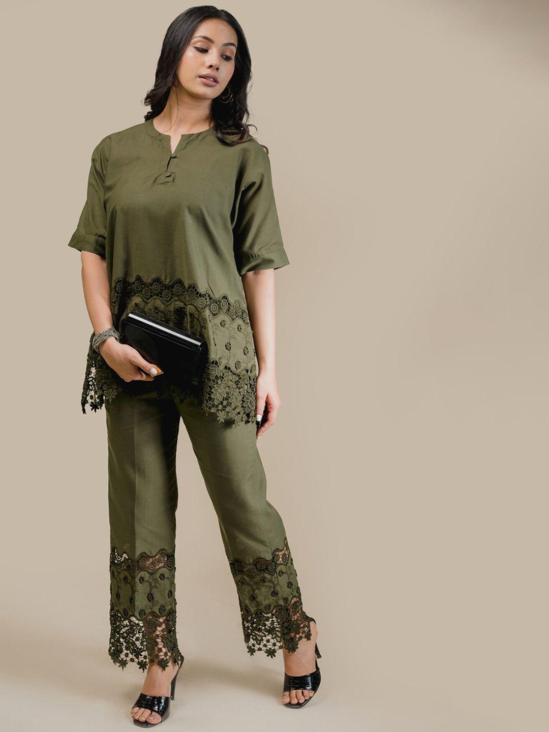 inching india self design cut work tunic with trousers