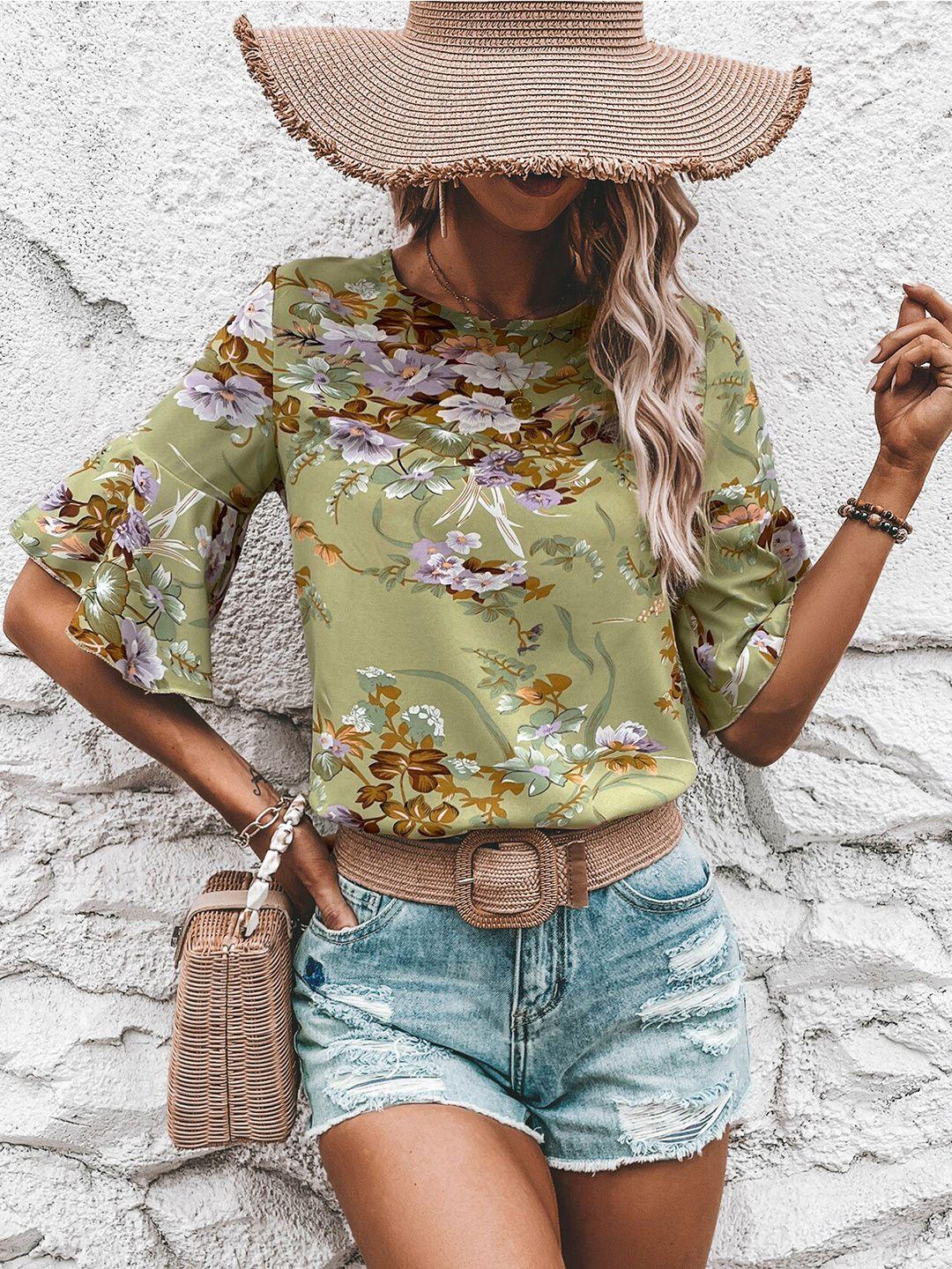 bostreet green floral print bell sleeve blouson crop top