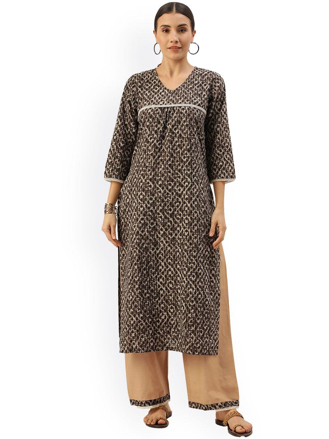 kalini women brown ethnic motifs printed empire pure cotton kurta with palazzos