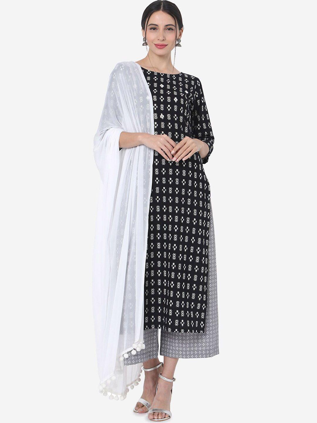 kalini women black printed regular pure cotton kurta with palazzos & with dupatta