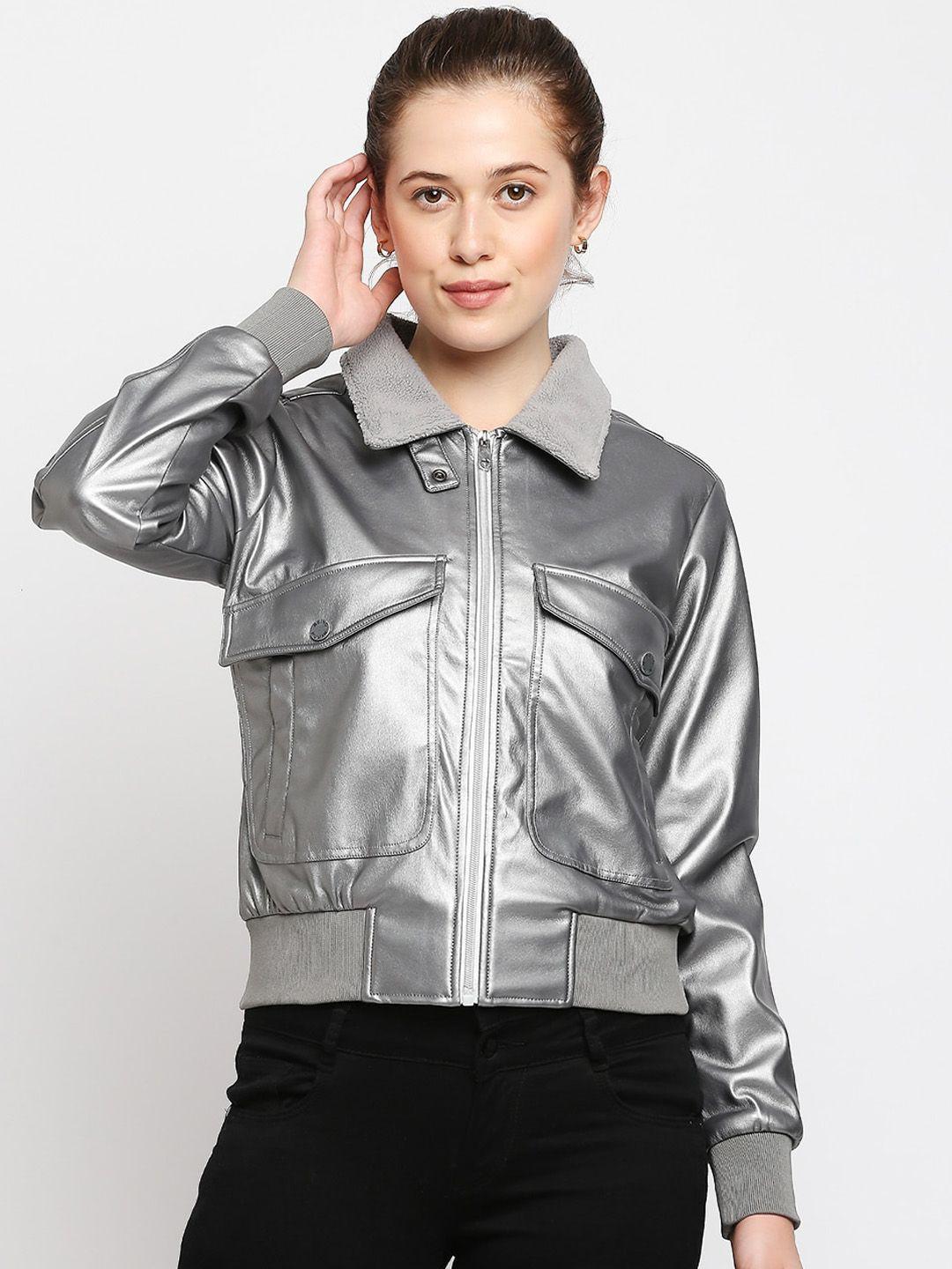 being human women silver-toned colourblocked crop biker jacket with patchwork