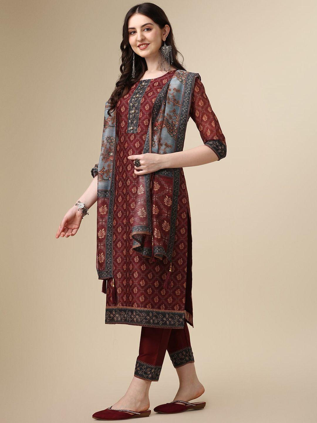 berrylicious ethnic motifs printed chanderi cotton kurta with trousers & dupatta