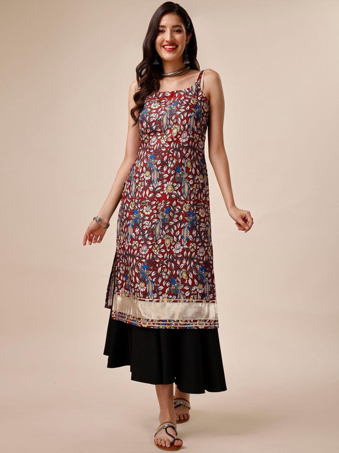 inddus maroon & blue ethnic motifs printed shoulder straps kurta