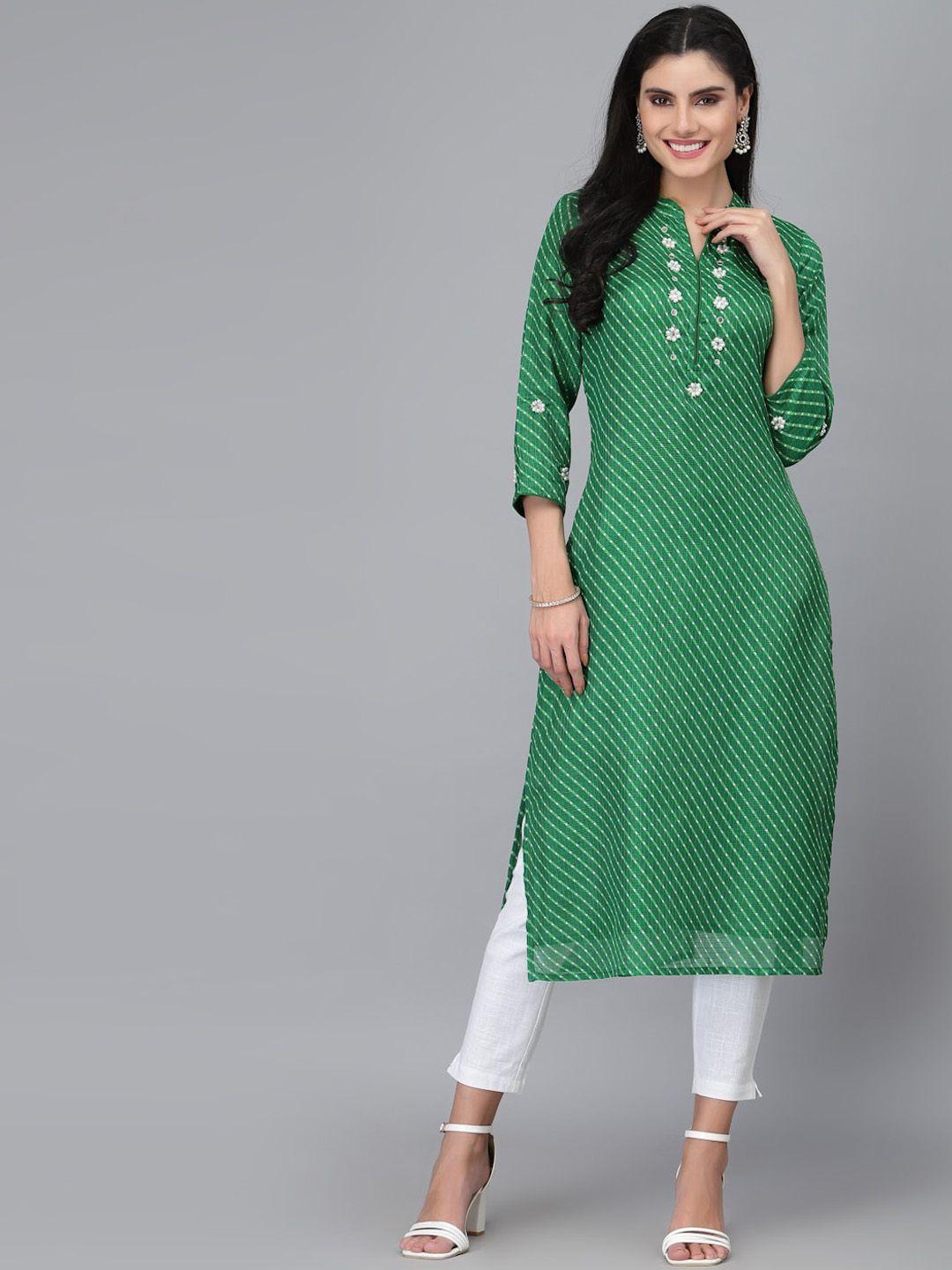 ragavi women green geometric printed thread work kurta