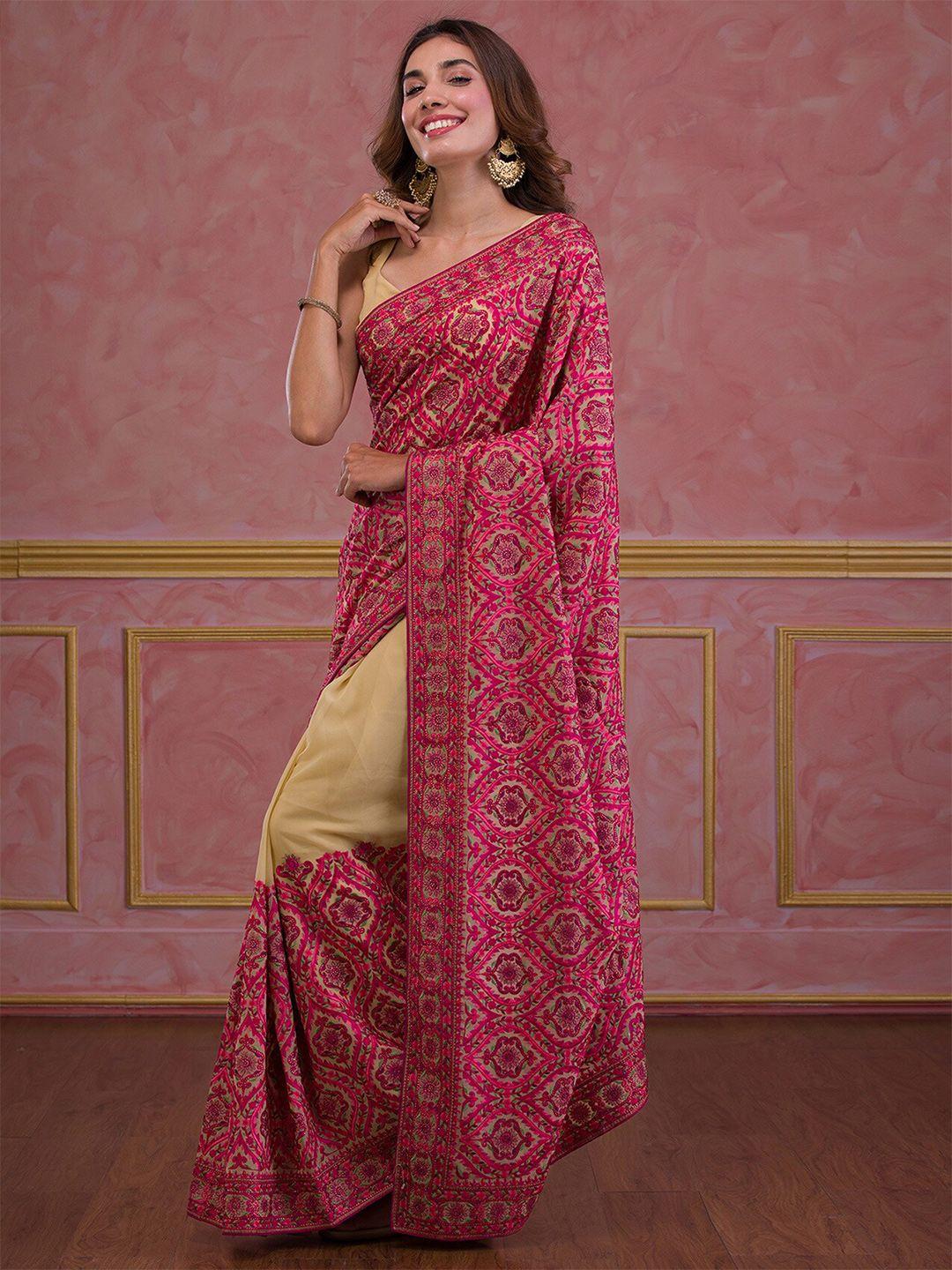 koskii beige & red ethnic motifs embroidered poly georgette saree