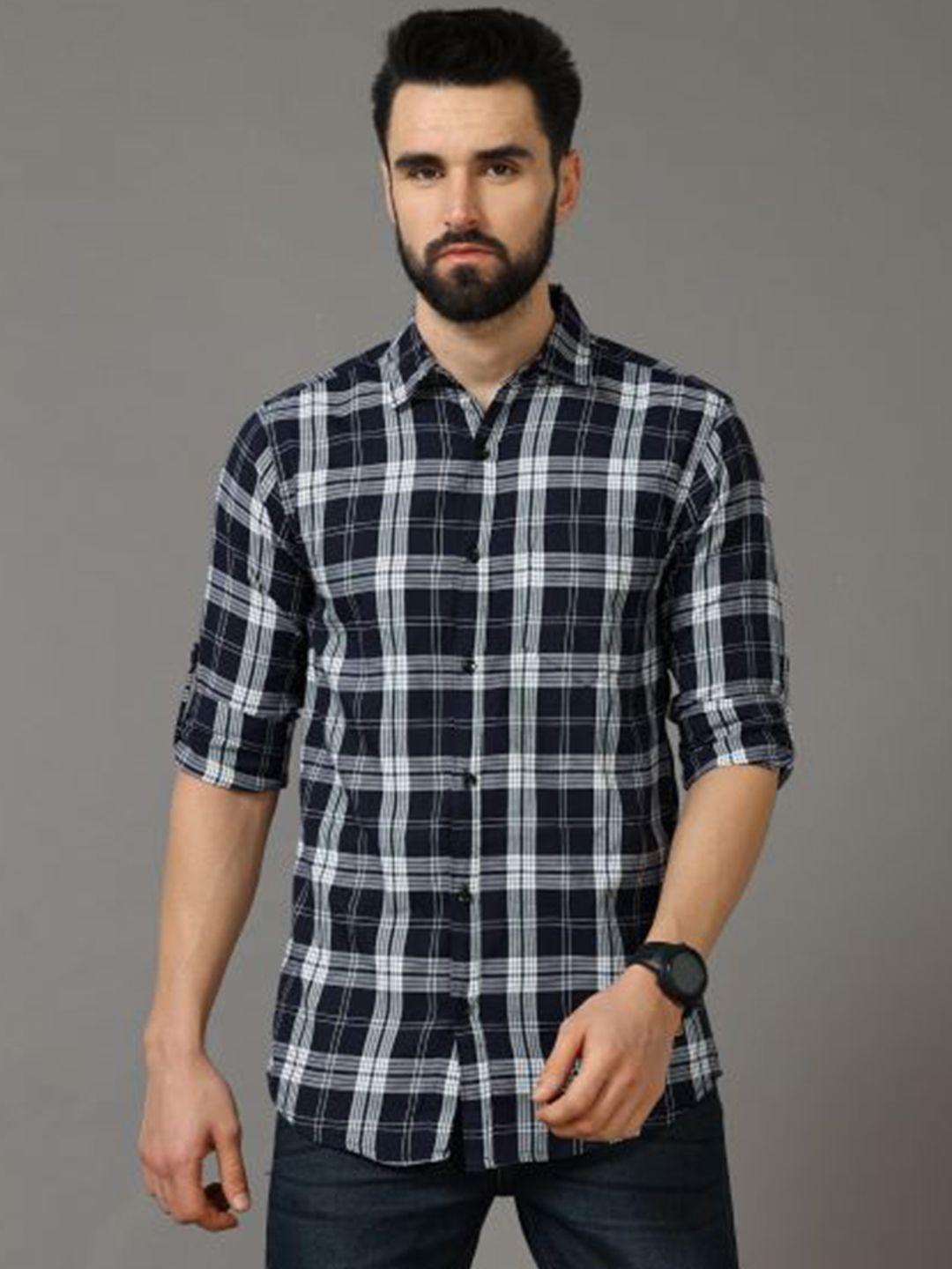 tallwalker men blue straight slim fit tartan checks opaque checked casual shirt