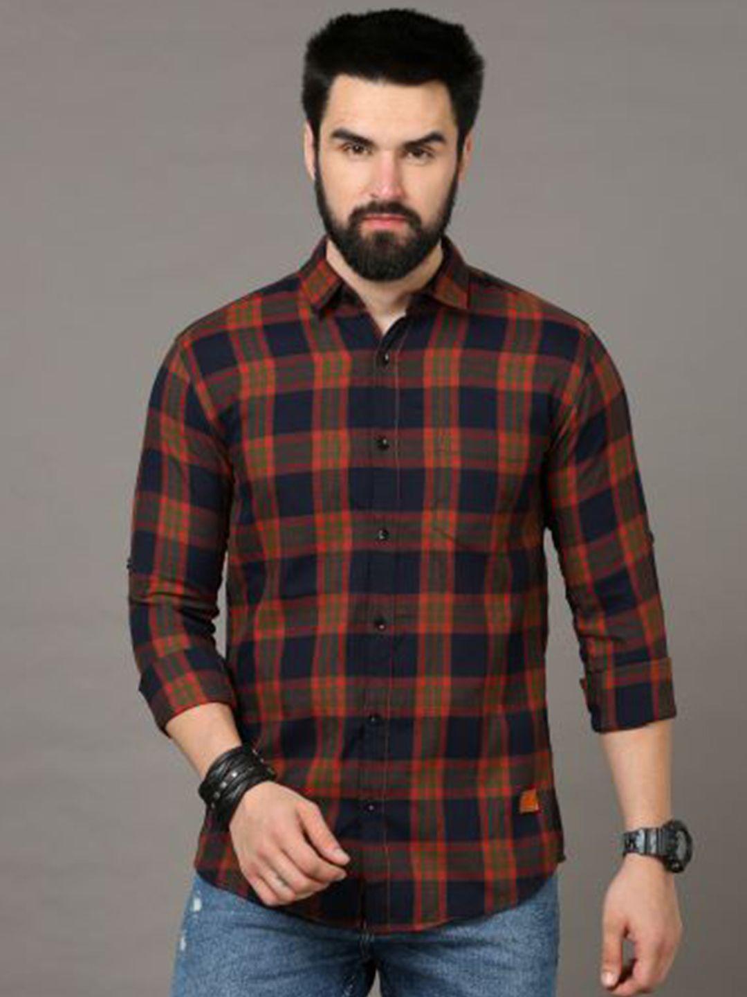 tallwalker men orange straight slim fit tartan checks opaque checked casual shirt