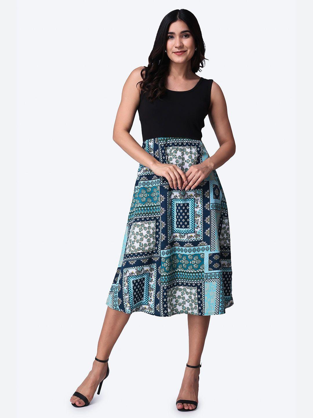 popwings bohemian printed fit & flare midi dress