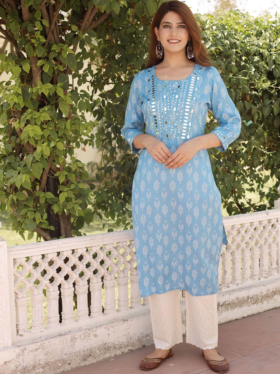 amiras indian ethnic wear women turquoise blue ethnic motifs printed regular kurta with trousers