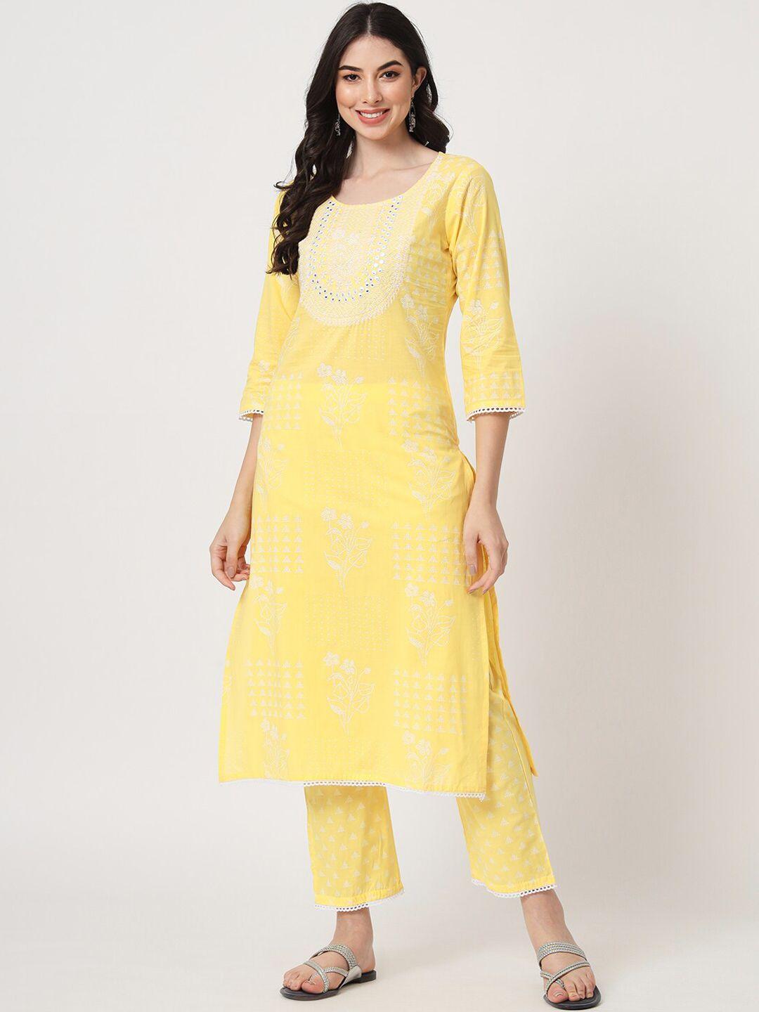 amiras indian ethnic wear women yellow ethnic motifs embroidered regular pure cotton kurta with trousers