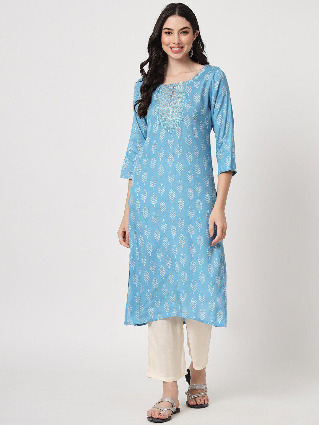 amiras indian ethnic wear women blue ethnic motifs embroidered regular kurta with trousers