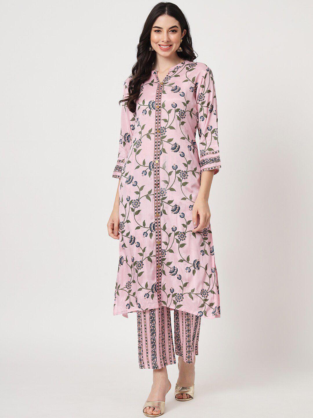 amiras indian ethnic wear women pink ethnic motifs embroidered regular kurta with trousers