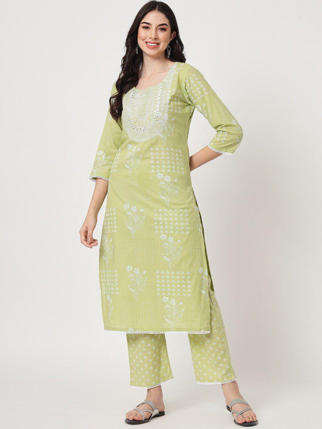 amiras indian ethnic wear women green ethnic motifs embroidered regular pure cotton kurta with trousers