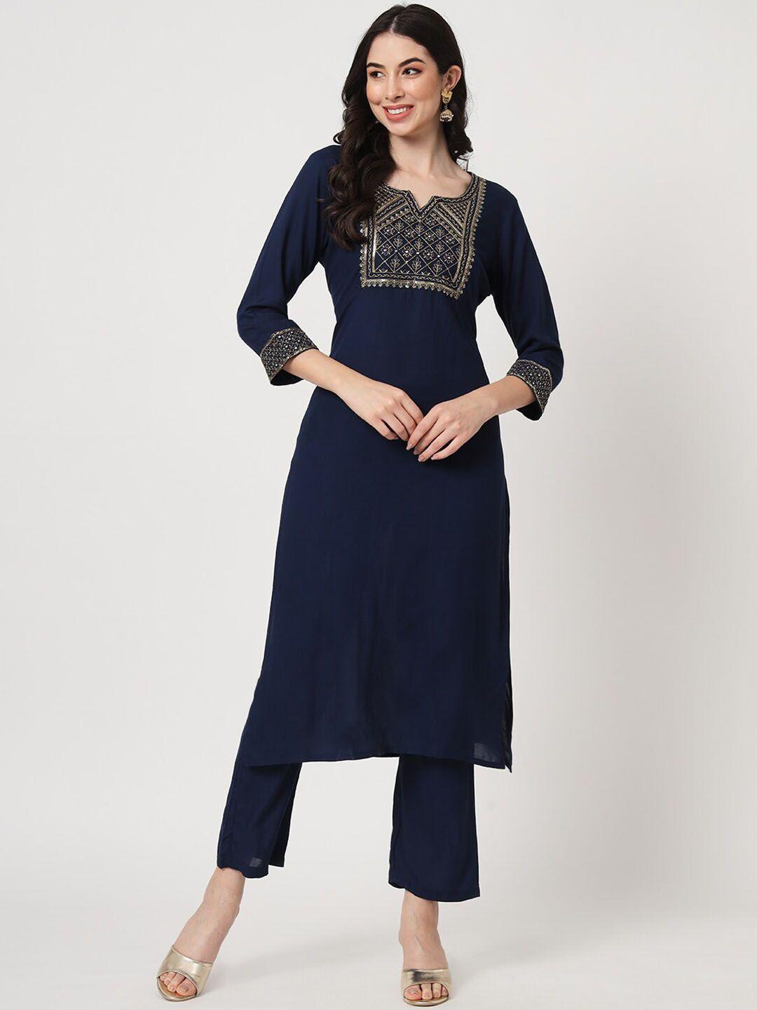 amiras indian ethnic wear women navy blue ethnic motifs yoke design regular kurta with trousers