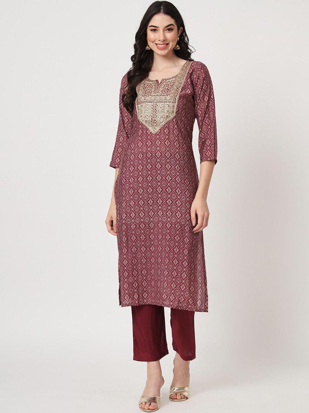 amiras indian ethnic wear women maroon ethnic motifs embroidered regular pure silk kurta with trousers