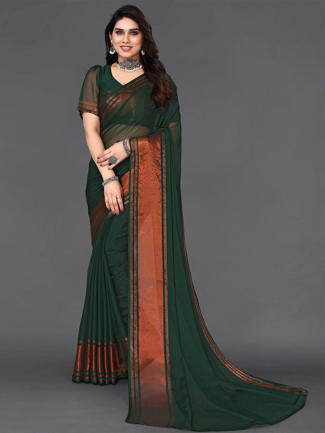 siril green & gold-toned zari poly chiffon saree