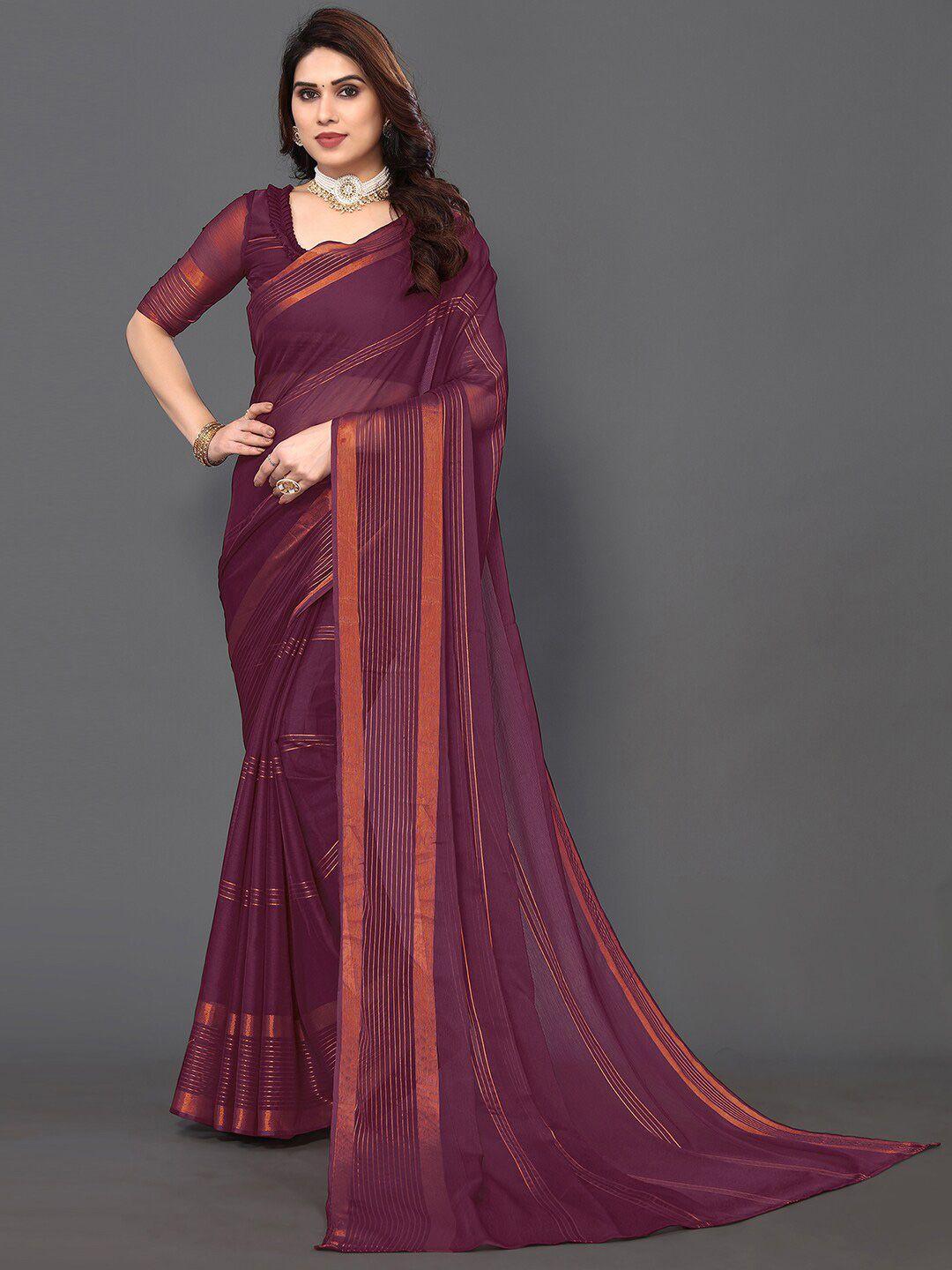 siril purple striped zari poly chiffon saree