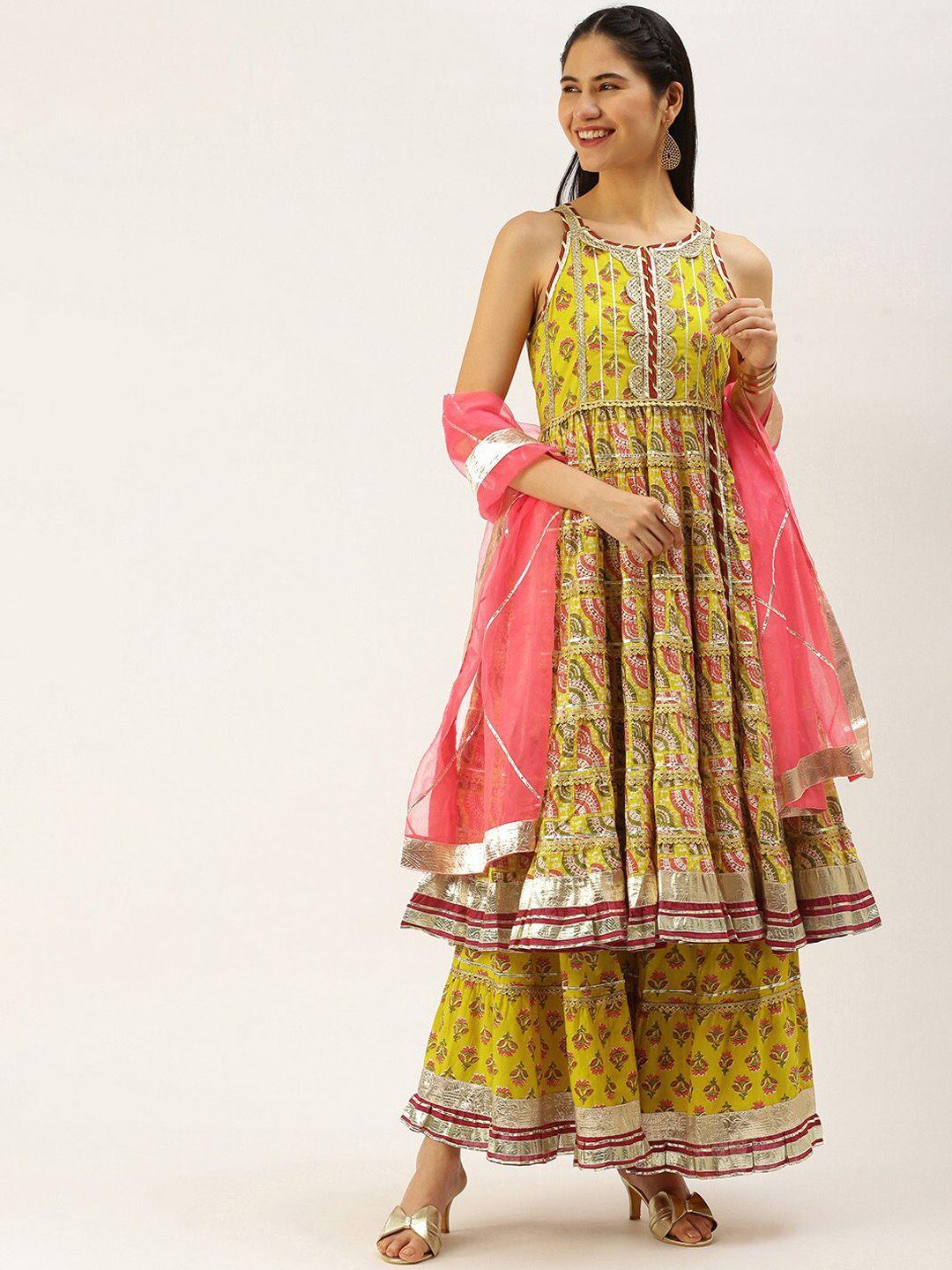 kalini women yellow floral printed regular gotta patti pure cotton kurta with sharara & with dupatta