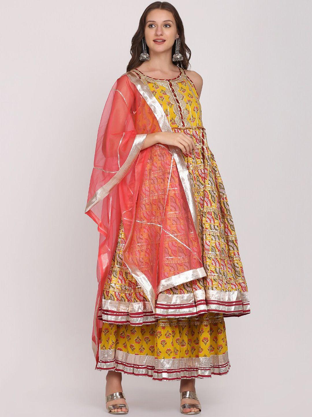 kalini women yellow floral printed regular gotta patti pure cotton kurta with sharara & with dupatta