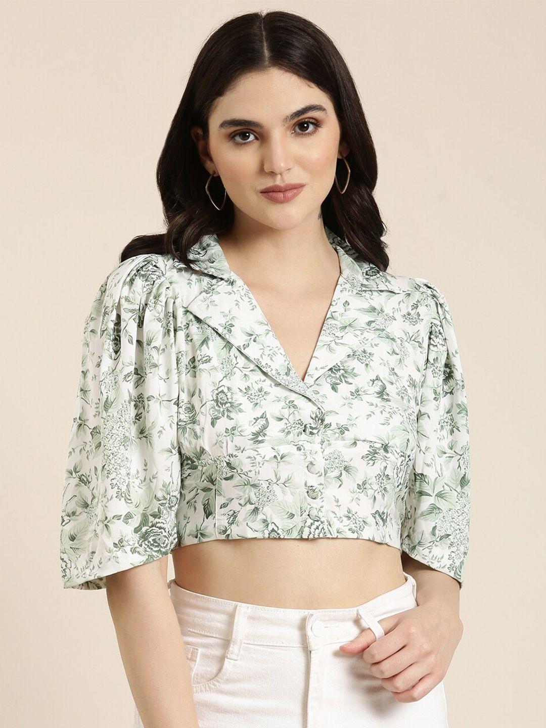 showoff floral printed puff sleeves shirt style crop top