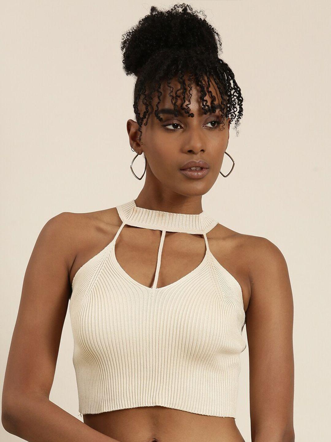 showoff beige halter neck crop top