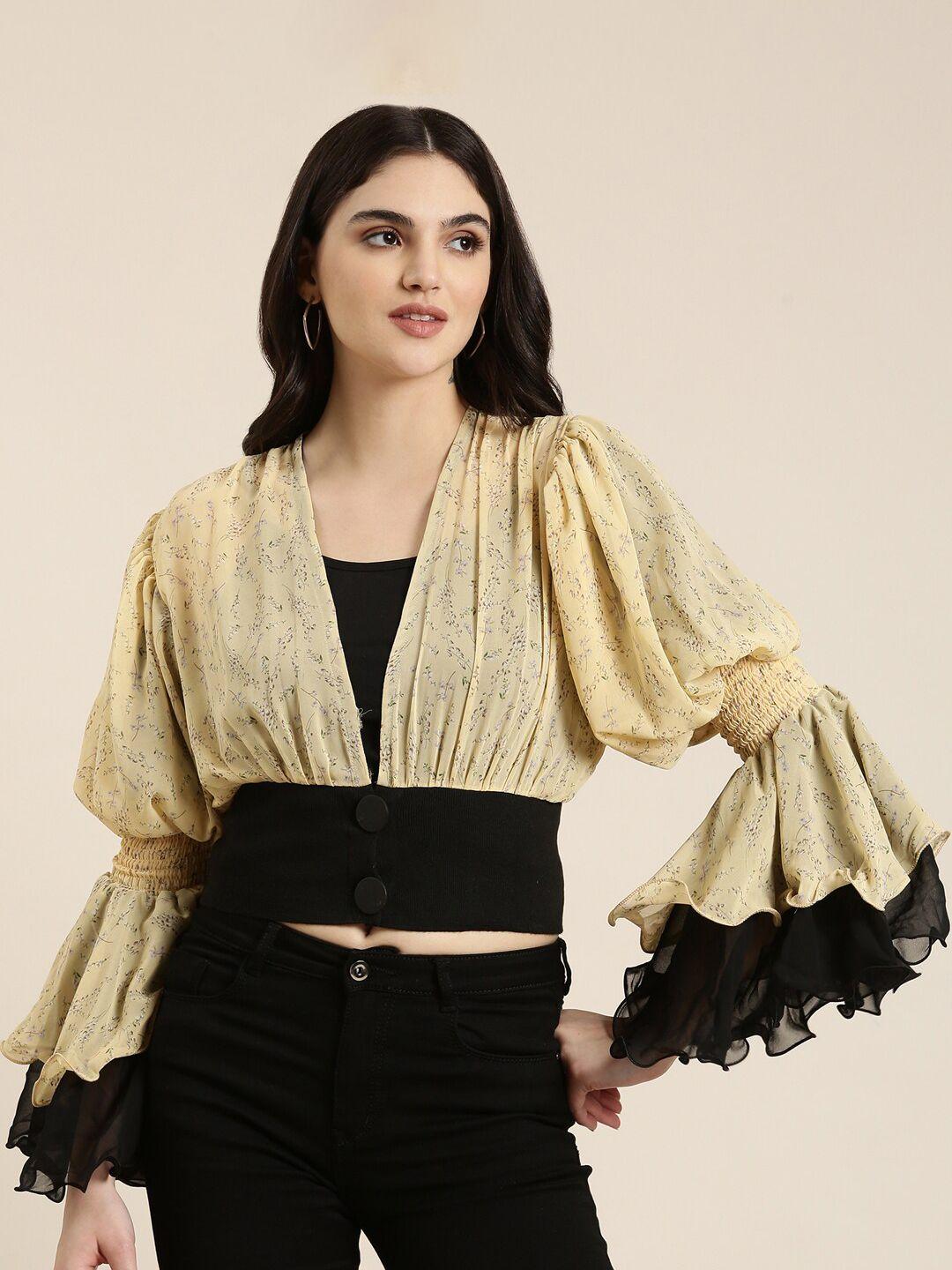 showoff floral printed flared sleeve layered chiffon crop top