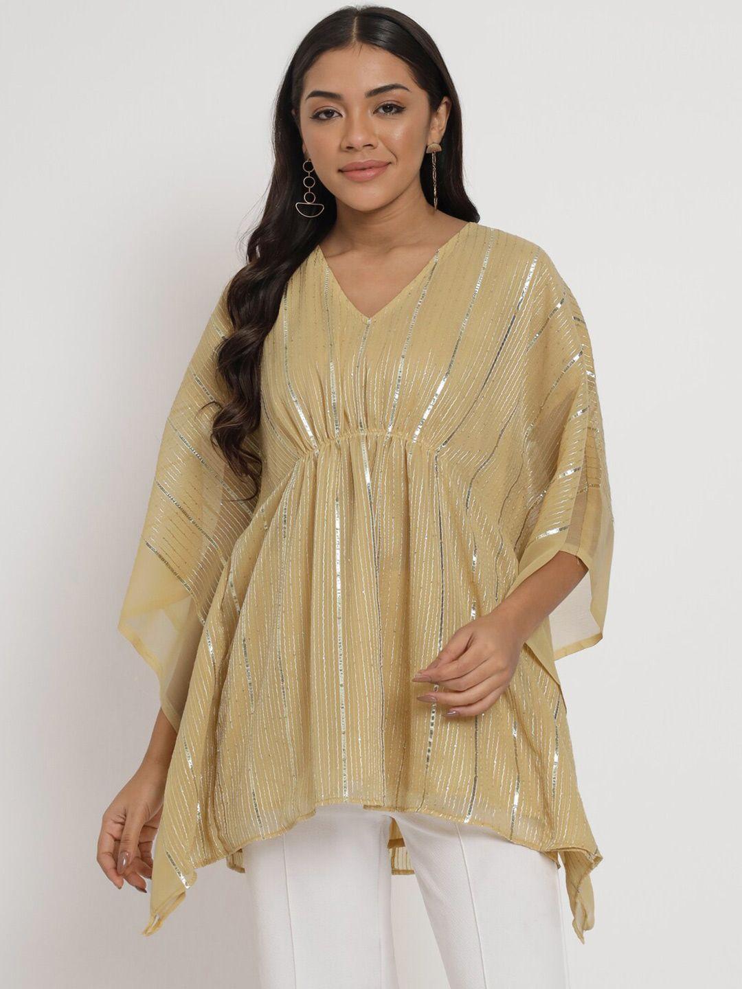 studio rasa beige embroidered v-neck flared sleeves gotta patti gotta patti kaftan kurti