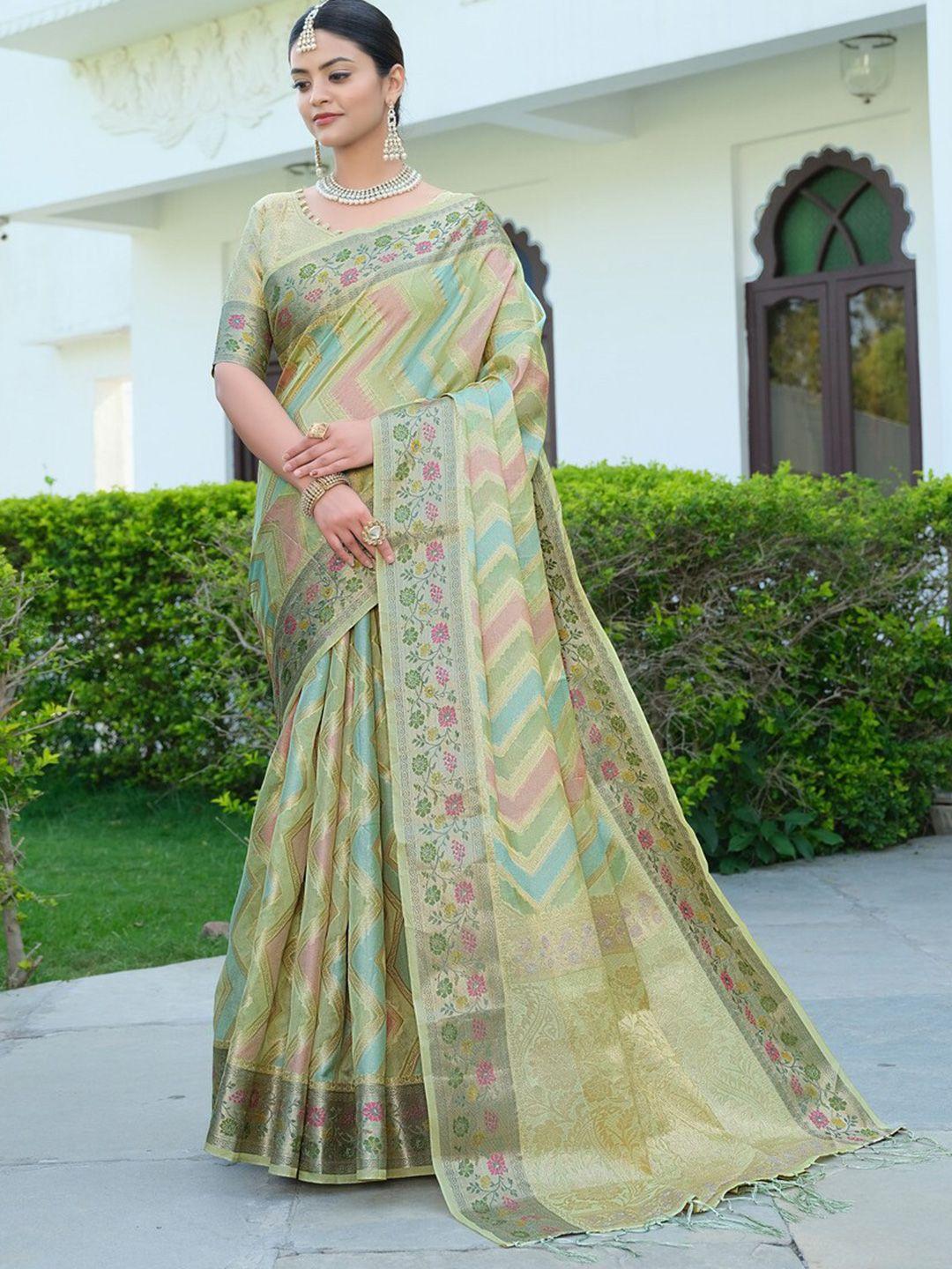 gajarai green & pink woven design organza saree