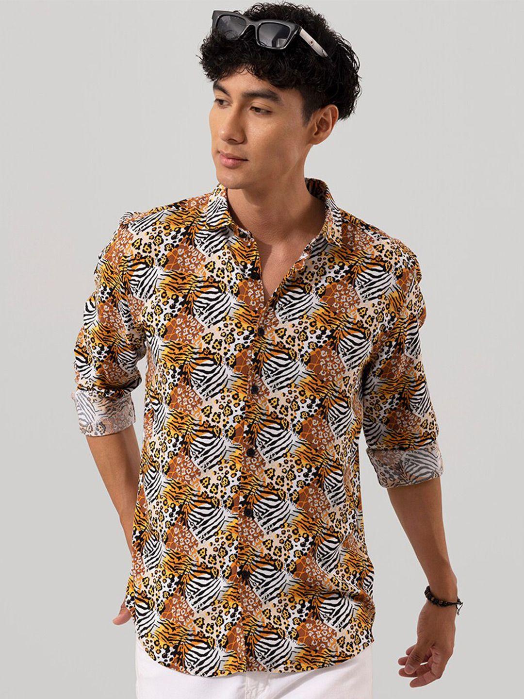 snitch men black slim fit animal opaque printed casual shirt