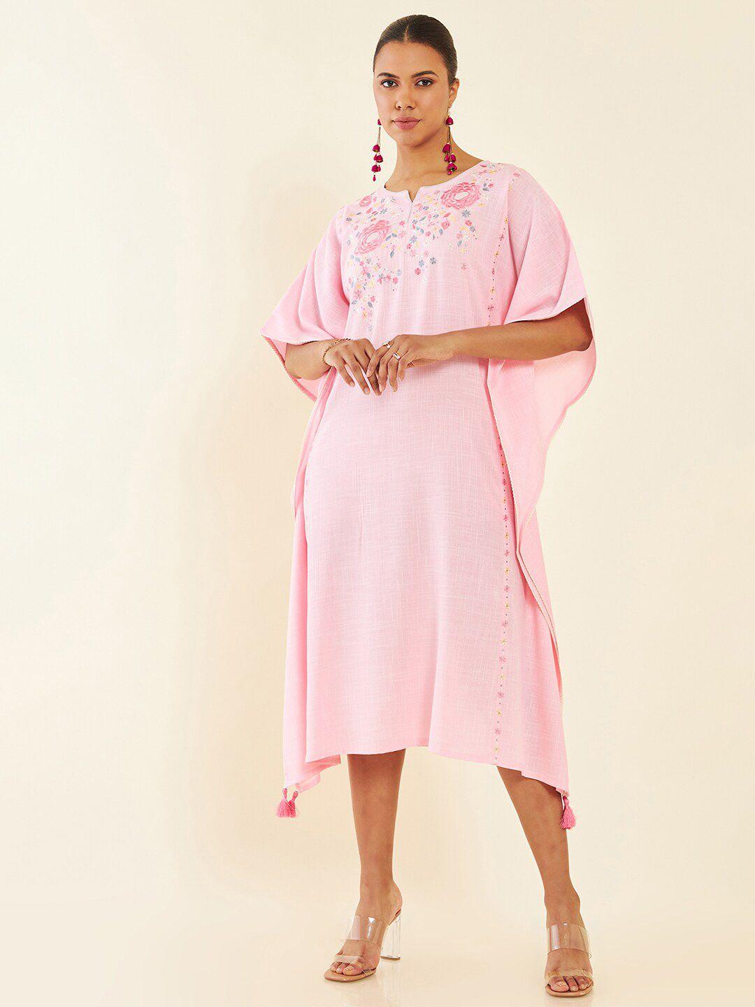 soch pink extended sleeves embroidered midi kaftan dress