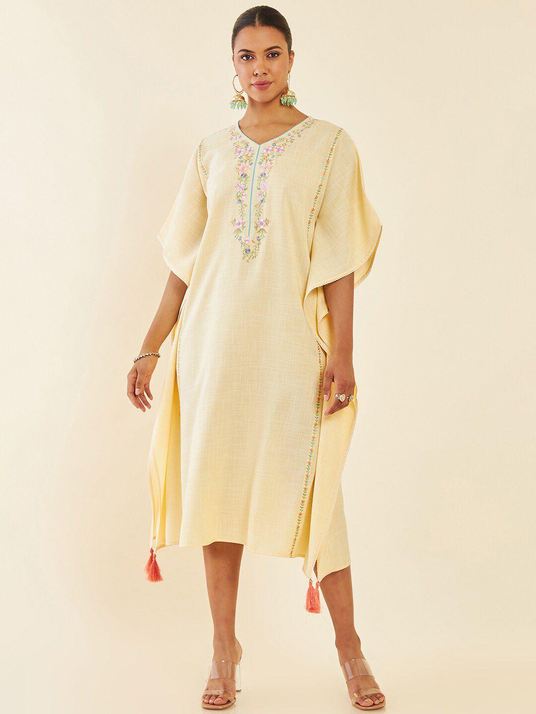 soch yellow extended sleeves embroidered midi kaftan dress