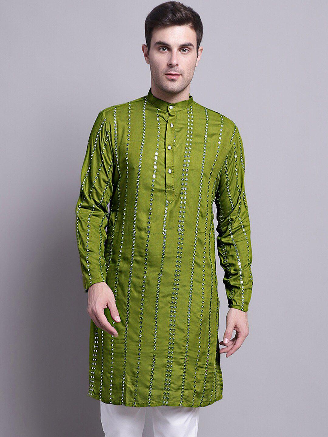 jompers men olive green geometric embroidered chikankari kurta