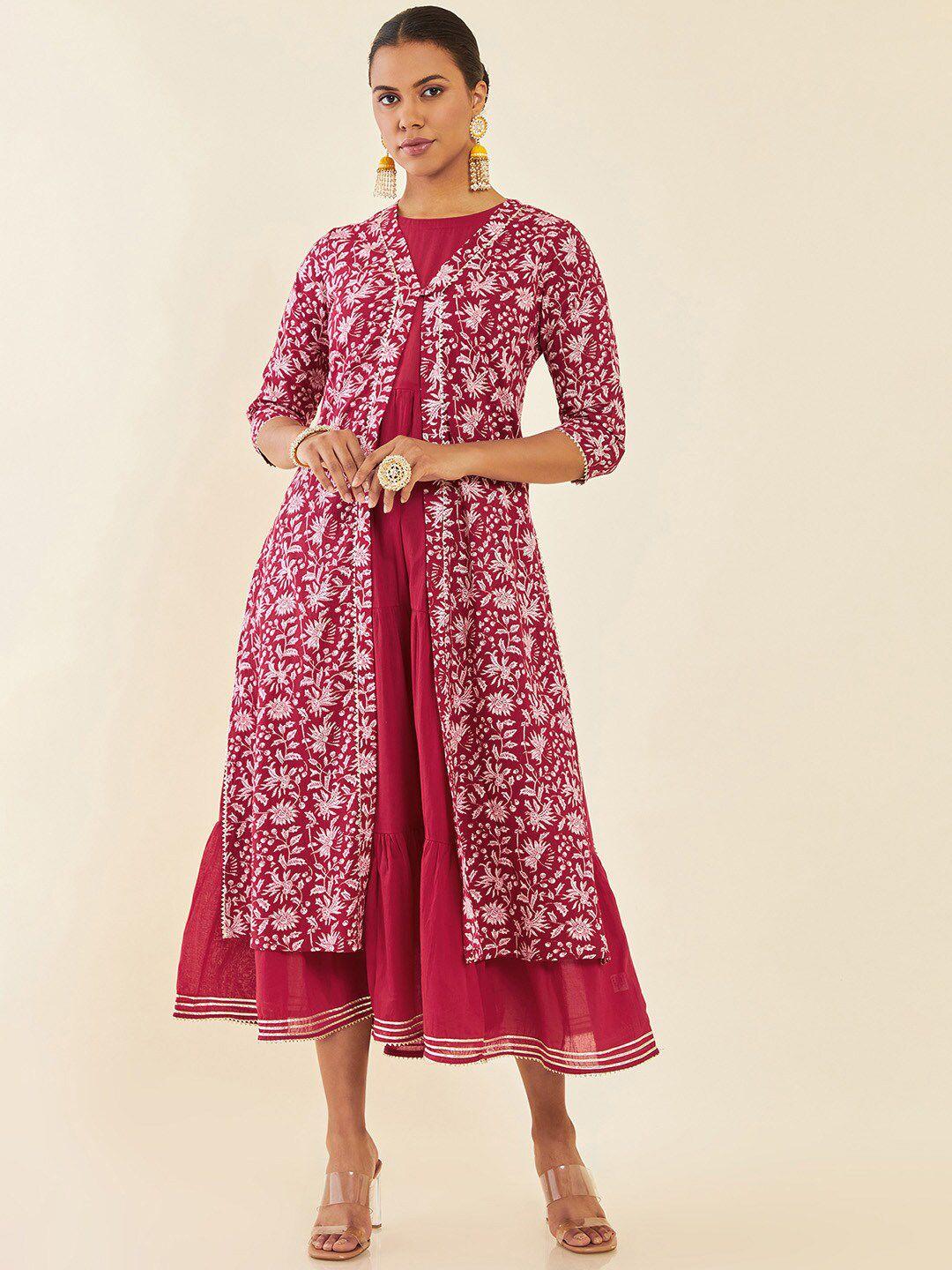 soch red ethnic motifs printed cotton a-line midi dress